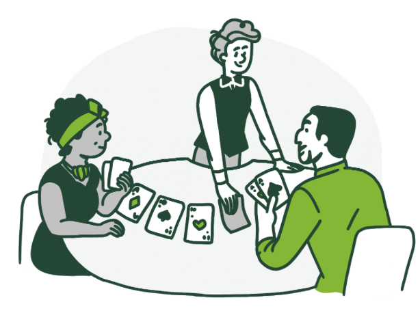 Illustration of a poker game with 3 people, the dealer and 2 players